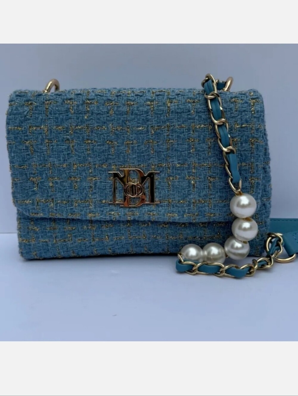 #225 Badgley Mischka Light Blue Tweed Crossbody with Pearl Accents